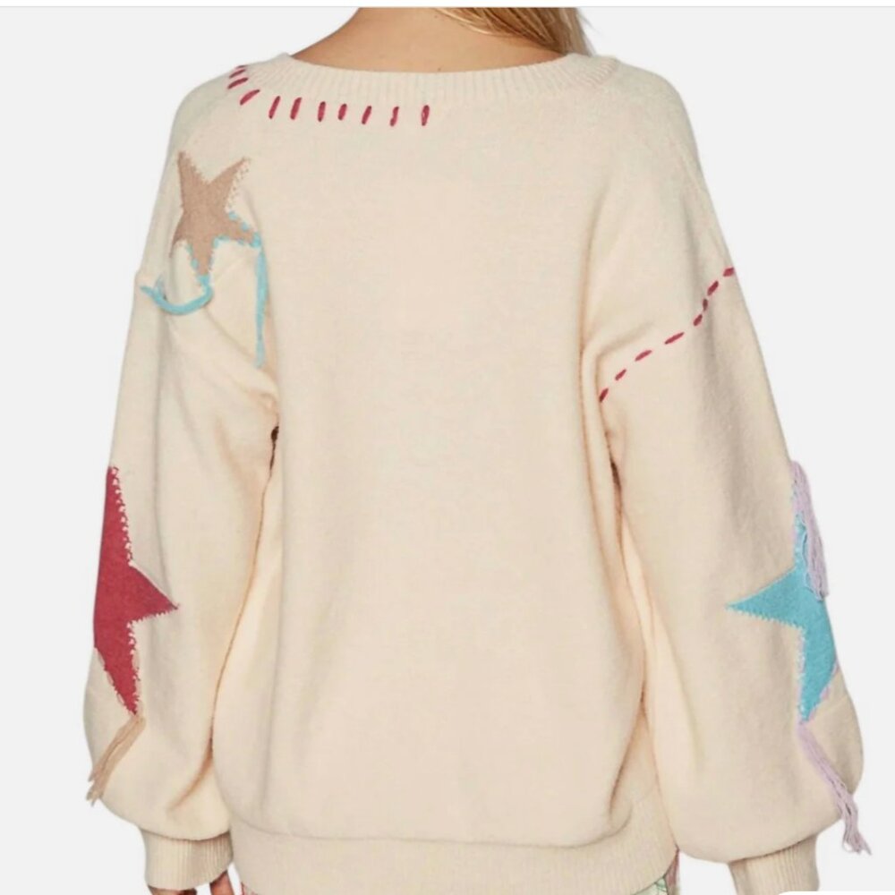 POL Patchwork Star Sweater - Beige V Neck Thick Knit Size Medium - Picture 3 of 12
